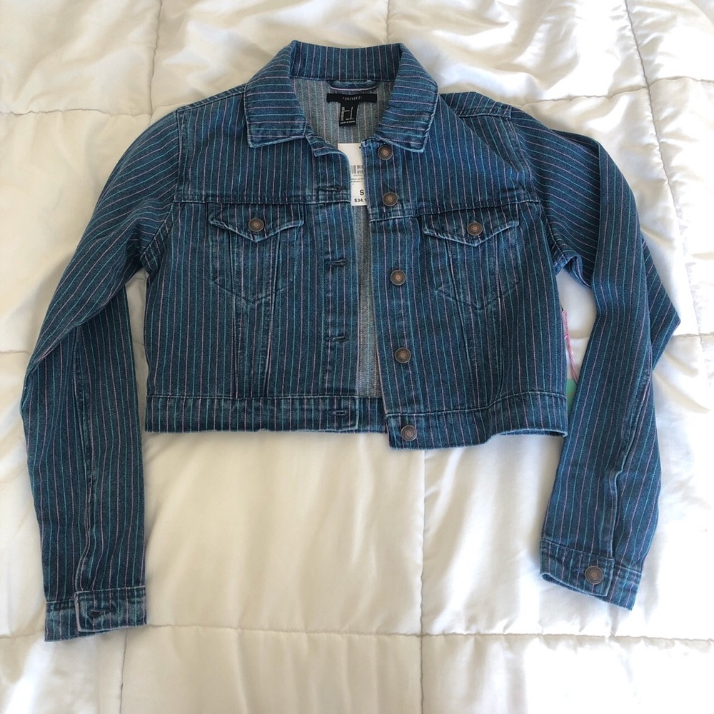 Cropped striped jean jacket